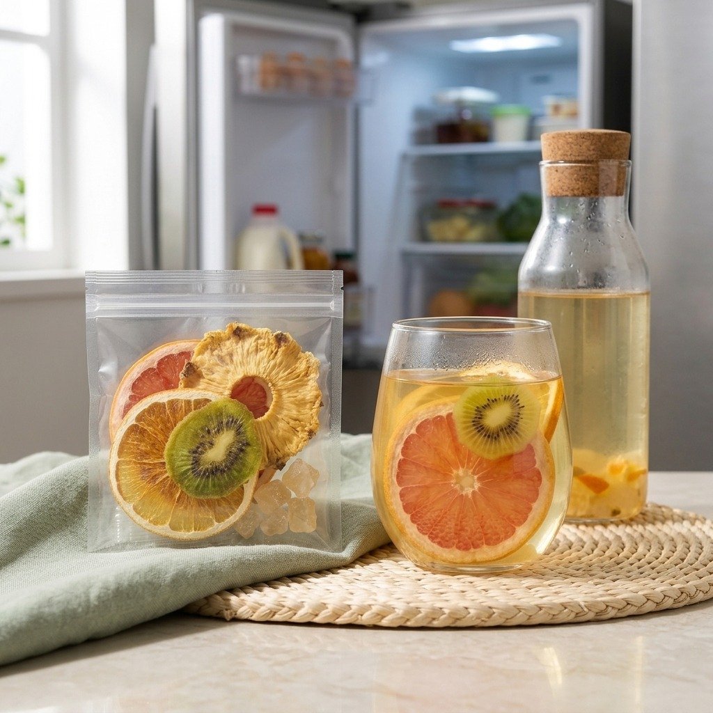 Kiwi citrus fruit tea cold brew with a single serving pouch, glass and bottle beside an open refrigerator