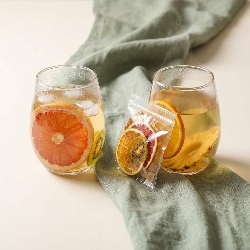 Two glasses of kiwi citrus fruit tea with grapefruit, kiwi, orange and pineapple beside a single serving pouch