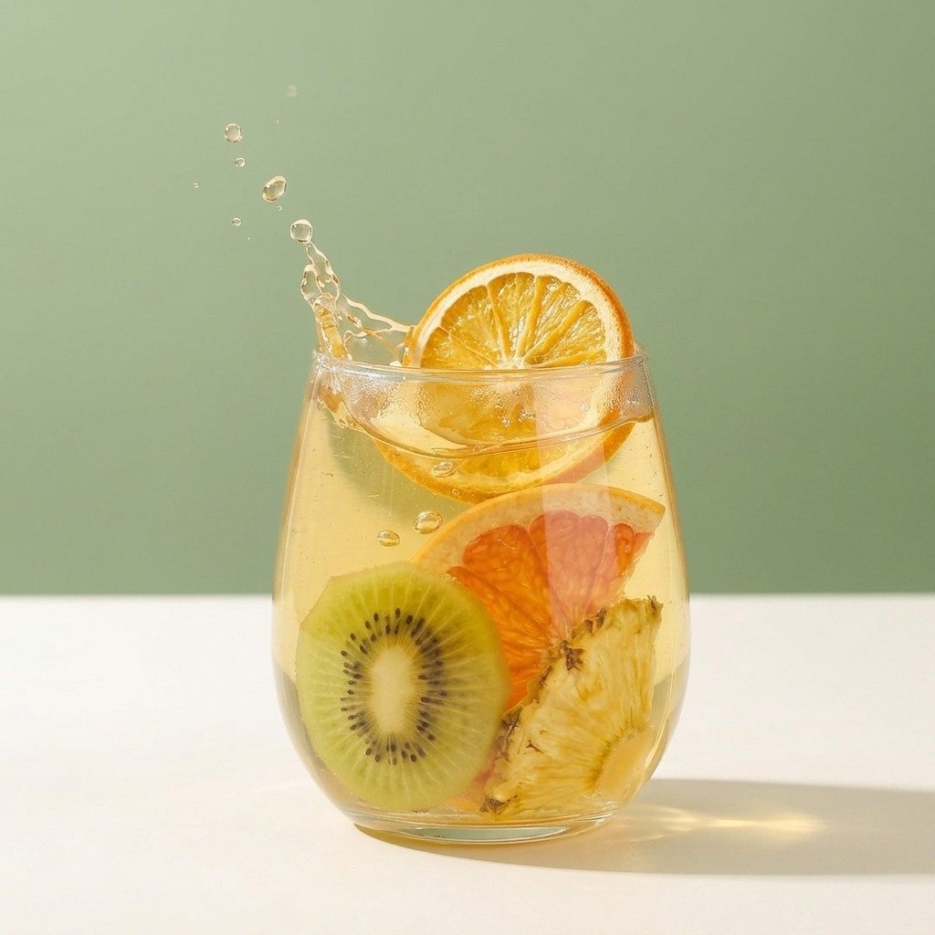 Close-up kiwi citrus fruit tea with orange, kiwi, grapefruit and pineapple in a clear glass