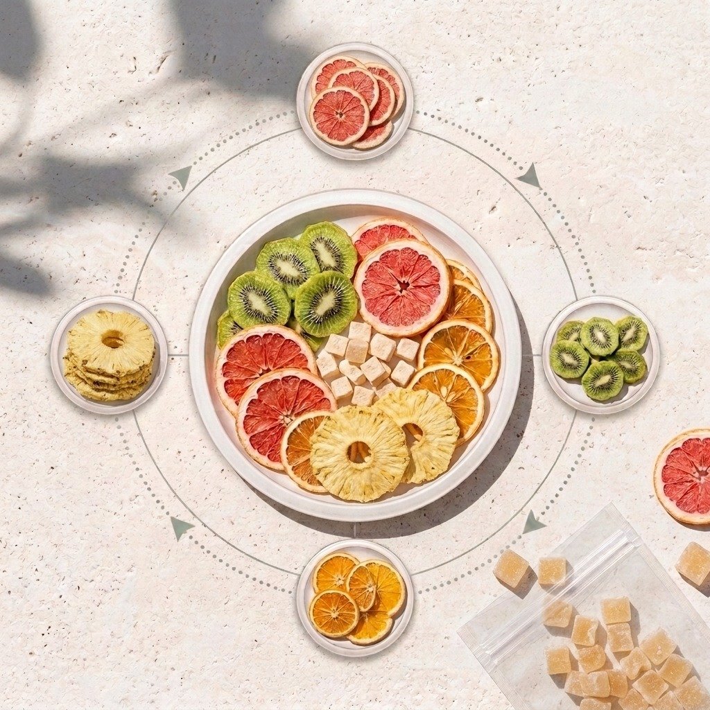 Overhead flat lay of kiwi, grapefruit, orange, pineapple and rock sugar for kiwi citrus fruit tea