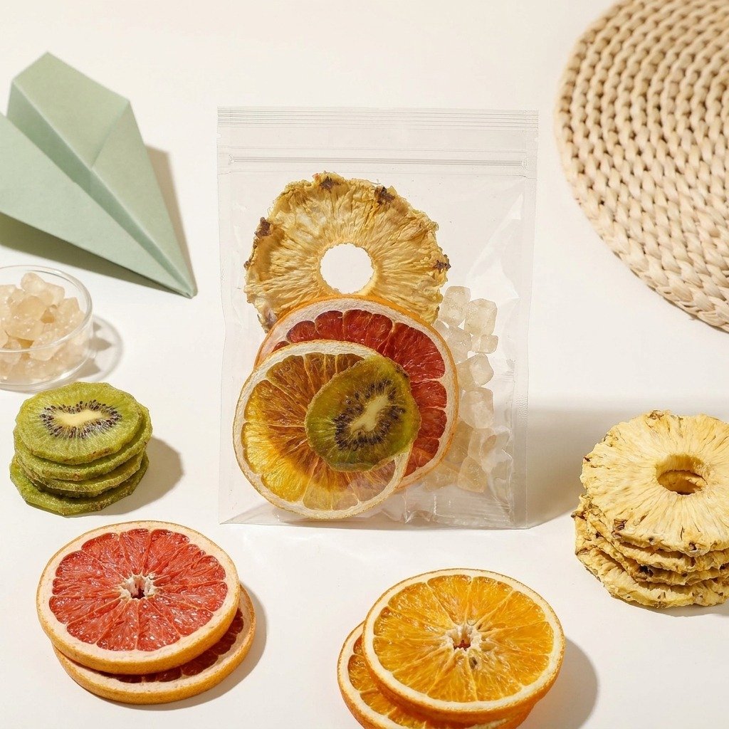 Freeze-dried kiwi, grapefruit, orange, pineapple and rock sugar arranged around a transparent serving pouch