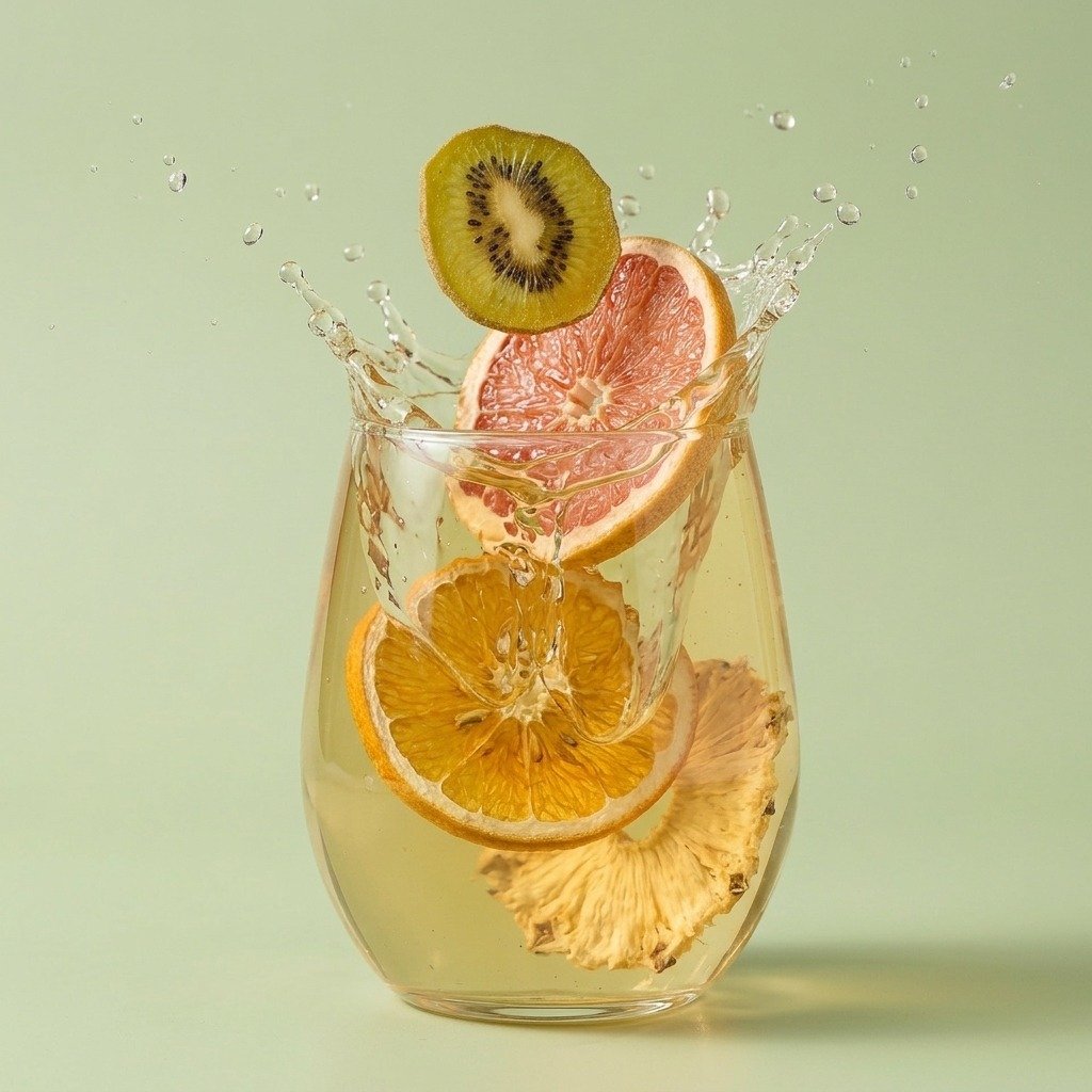 Kiwi and grapefruit splashing into a glass of pale golden kiwi citrus fruit tea