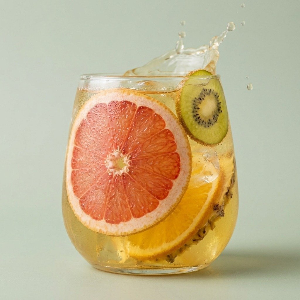 Grapefruit and kiwi in a chilled glass of kiwi citrus fruit tea with orange and pineapple
