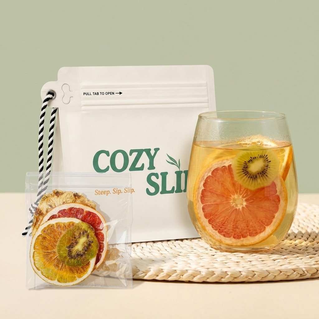Cozyslip kiwi citrus fruit tea package with a transparent serving and grapefruit kiwi infusion