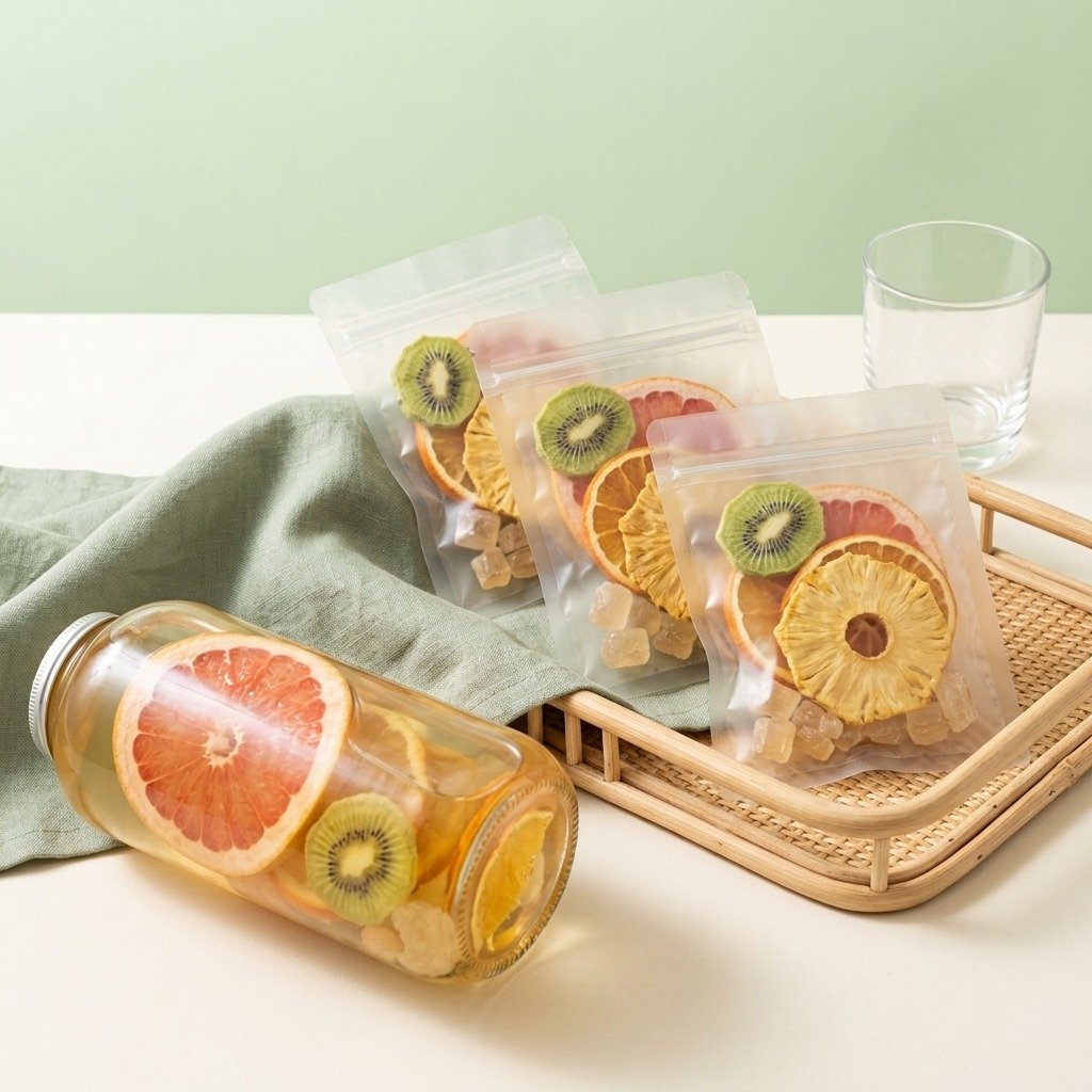 Three kiwi citrus fruit tea serving pouches with a chilled fruit infusion bottle on a rattan tray