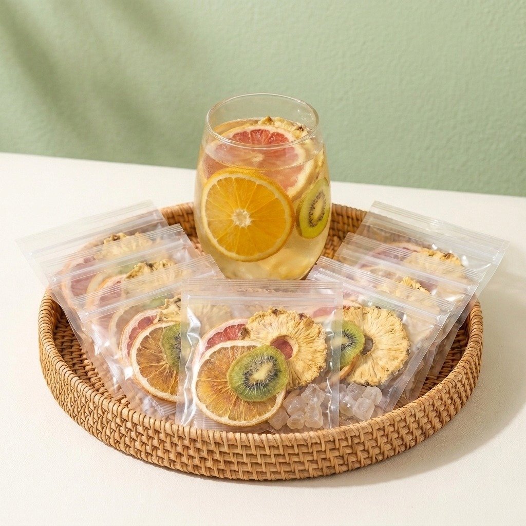 Multiple individually packed kiwi citrus fruit tea servings arranged around a glass on a rattan tray