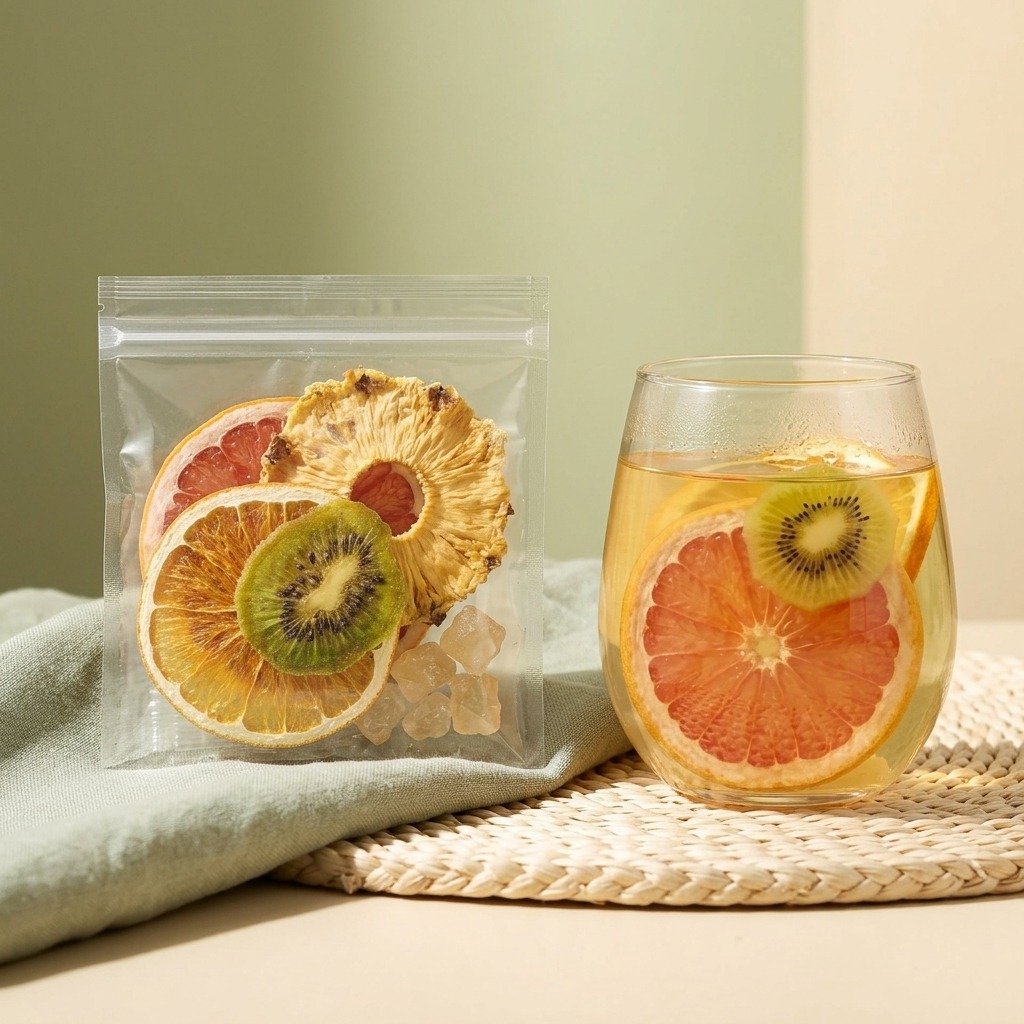 Transparent kiwi citrus fruit tea serving beside a glass with grapefruit and kiwi