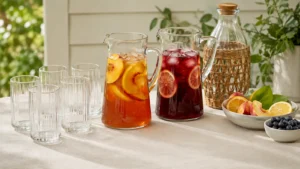 Two pitchers of make-ahead iced fruit tea with glasses and ingredient cards for a small party