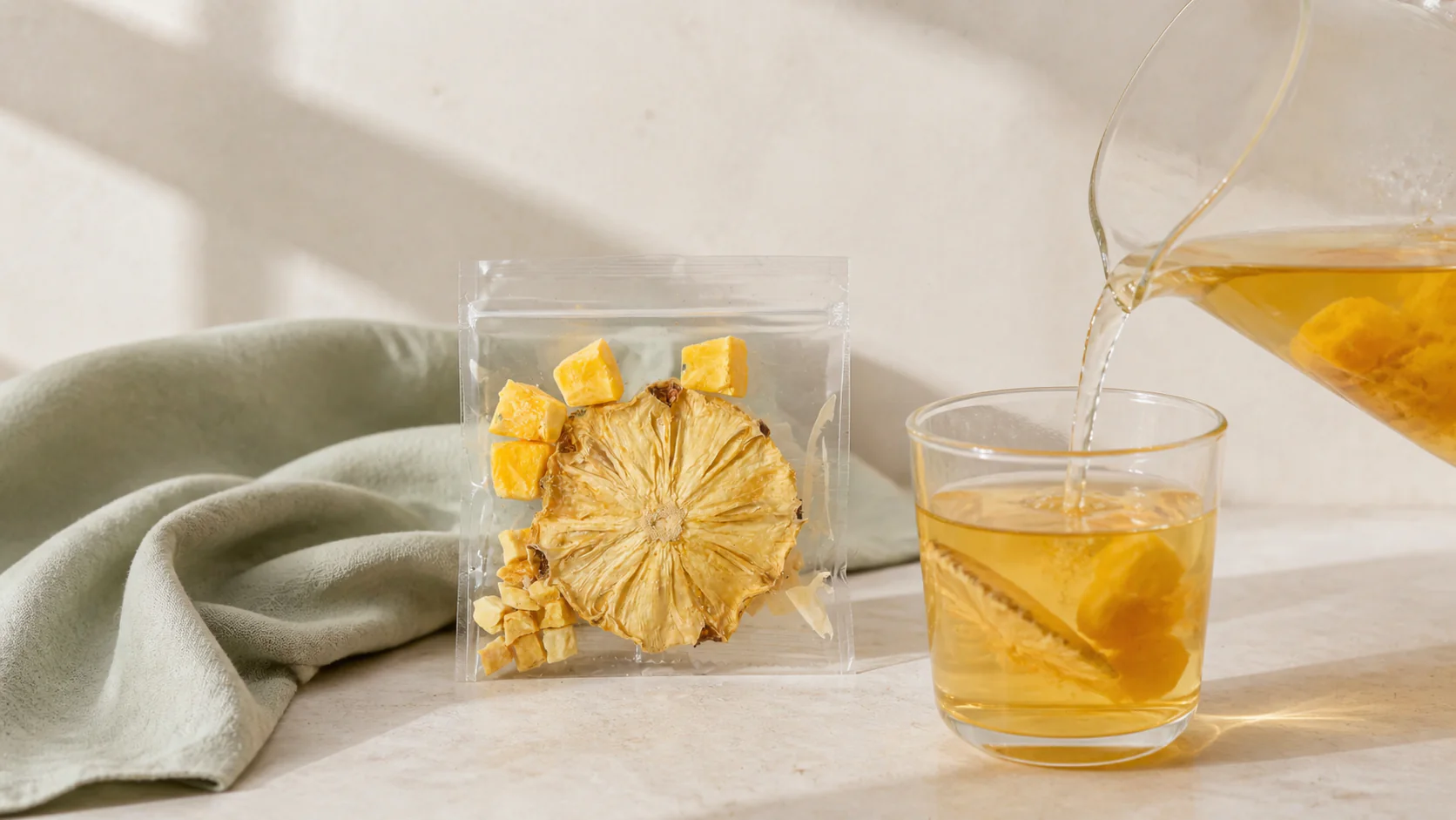 Wide banner of pineapple mango fruit tea in a warm minimal kitchen setting