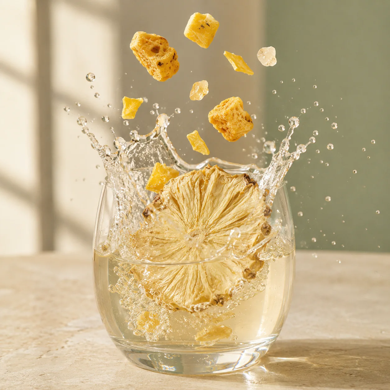 Freeze-dried pineapple, mango, passion fruit and rock sugar splashing above pineapple mango fruit tea