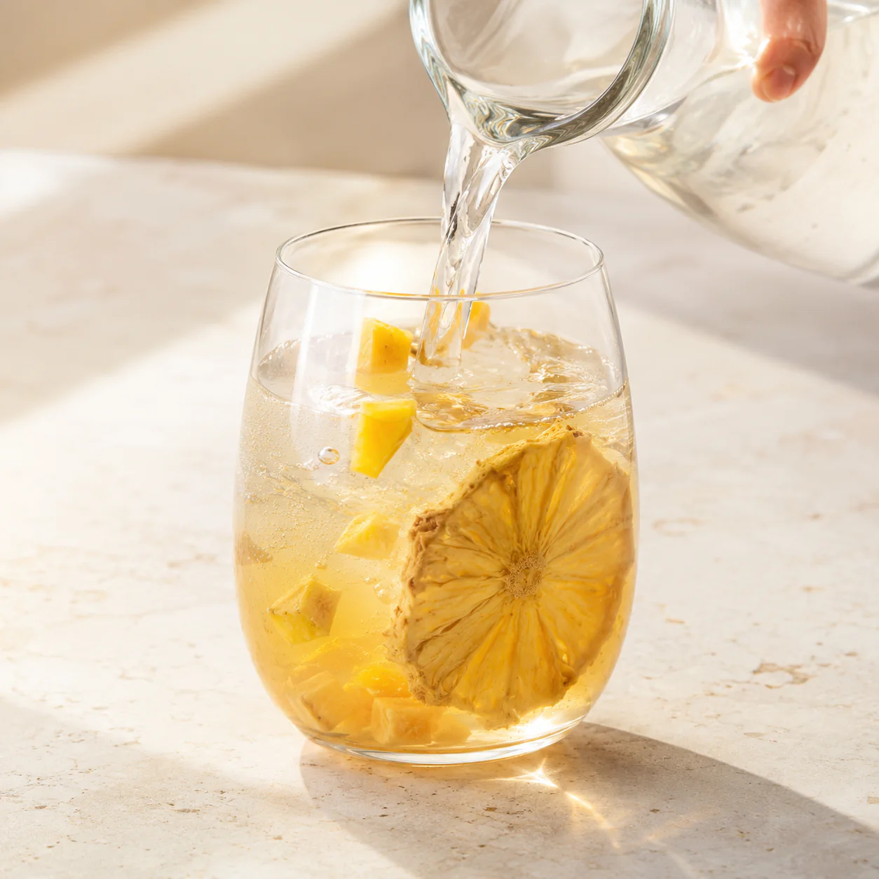 Water being poured over freeze-dried pineapple and mango for pineapple mango fruit tea
