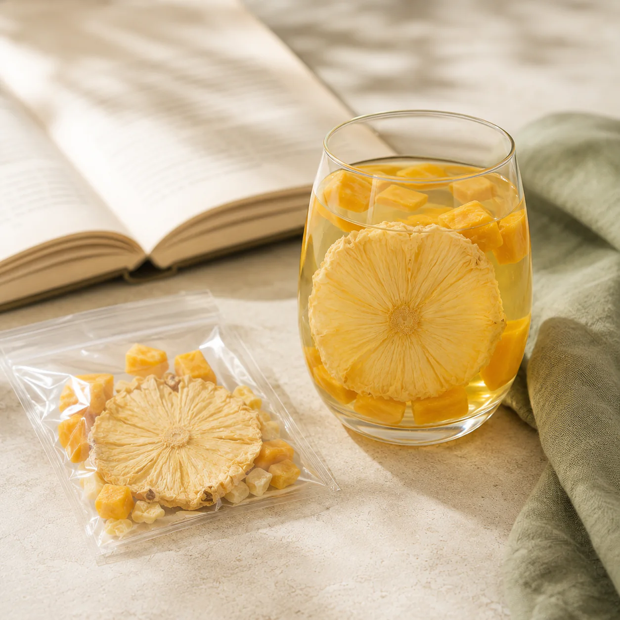 Pineapple mango fruit tea glass and transparent serving pouch beside an open book