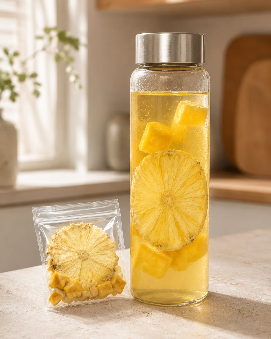 Portable pineapple mango fruit tea cold-brew bottle beside a transparent individual serving