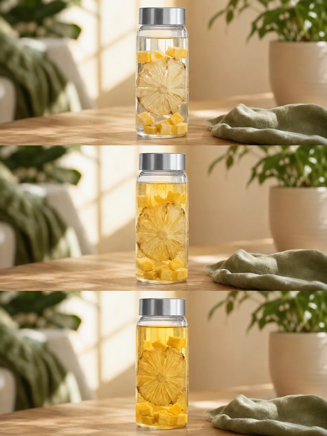 Three-stage pineapple mango fruit tea cold-brew progression in a clear bottle