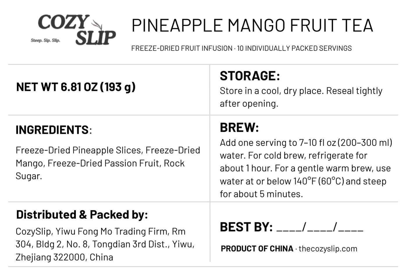 Cozyslip Pineapple Mango Fruit Tea product label