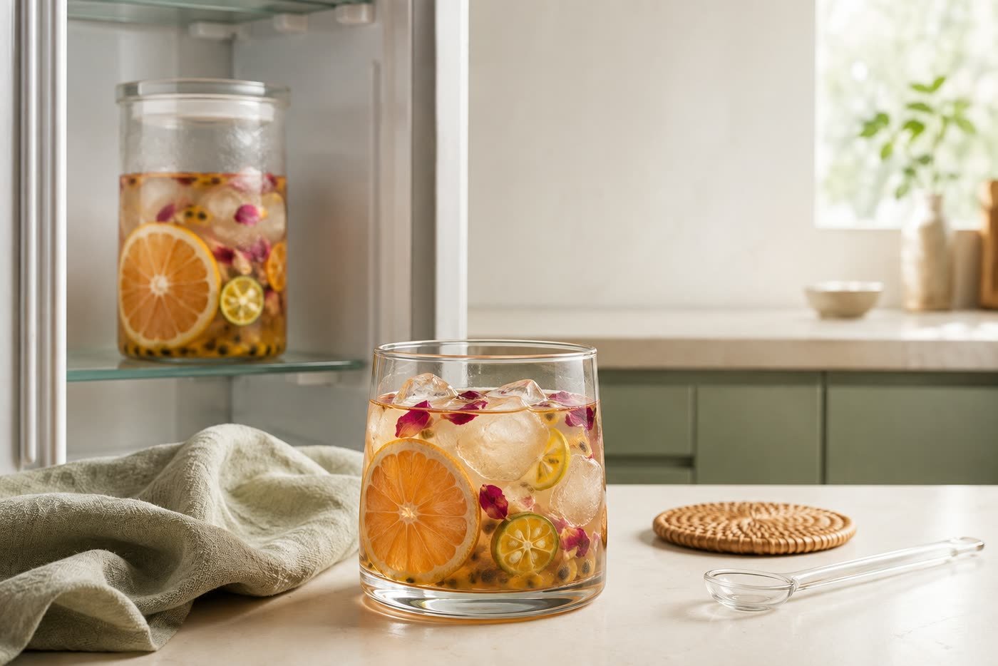 Fruit tea cold brewing in a refrigerator beside a freshly prepared glass of iced fruit tea
