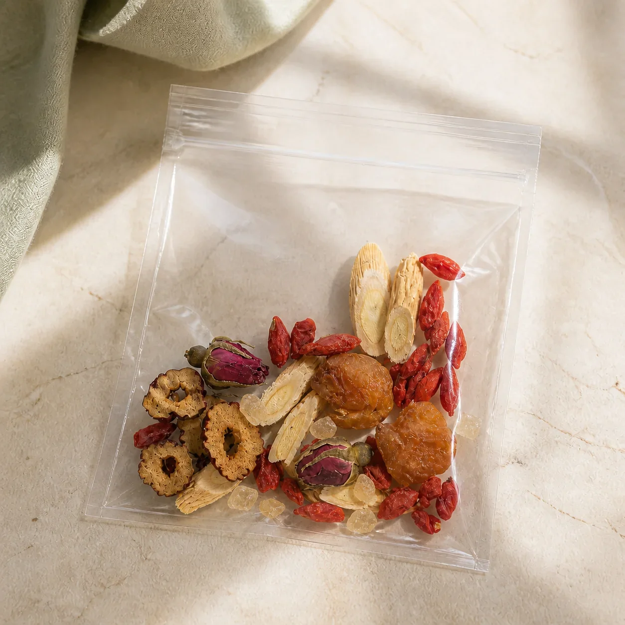 goji-herbal-infusion-02-serving-pouch-macro.webp` | Close-up transparent pouch of rose goji herbal infusion with visible botanicals and rock sugar