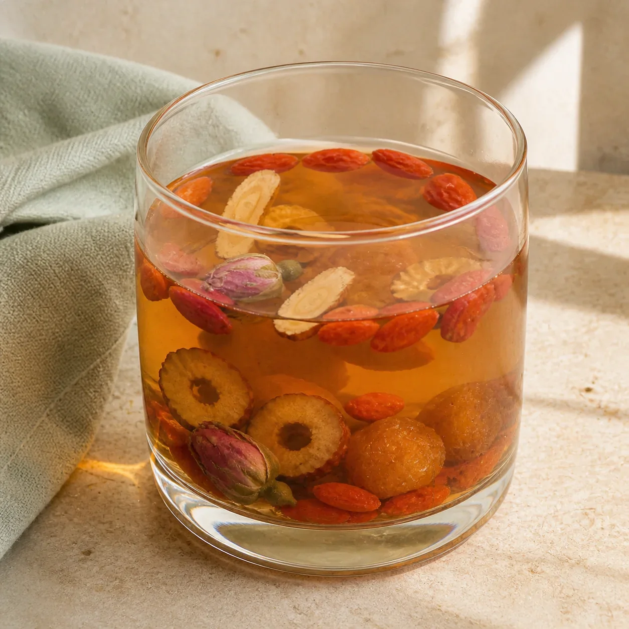 Close-up glass of rose goji herbal infusion with rose, goji and red date