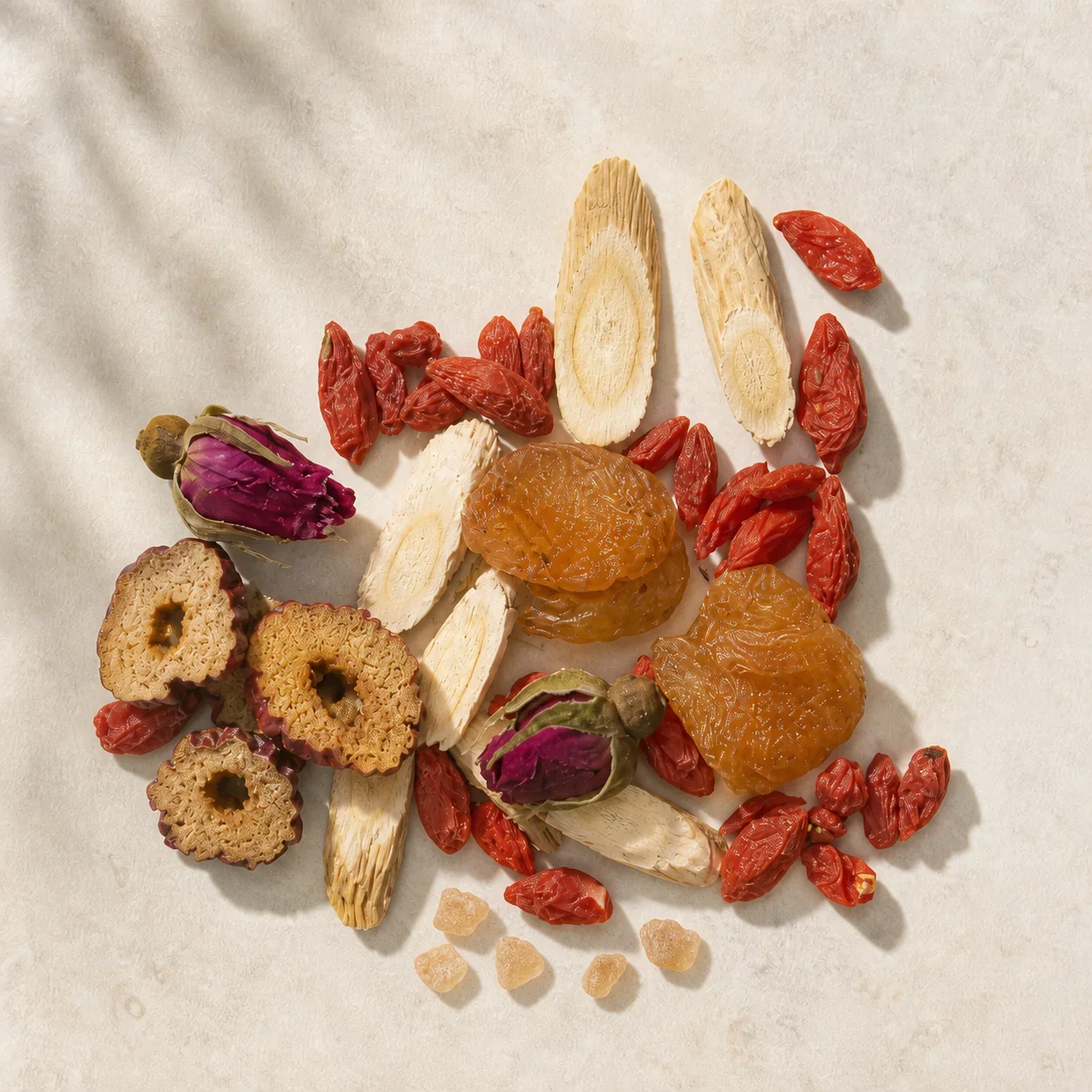 Red date, goji, longan, astragalus, rose and pale amber rock sugar for rose goji herbal infusion