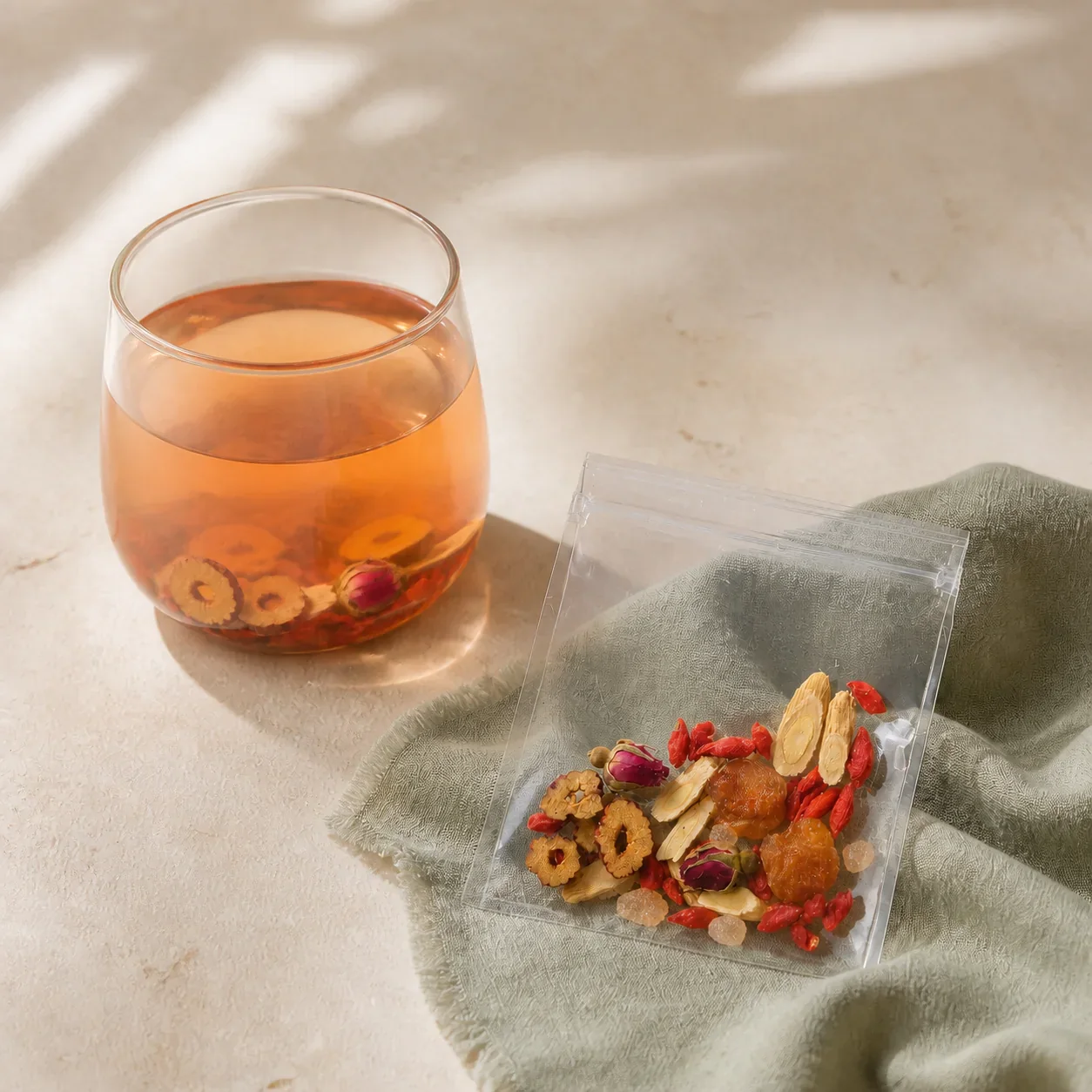 Rose goji herbal infusion ingredients and serving arranged with clean negative space
