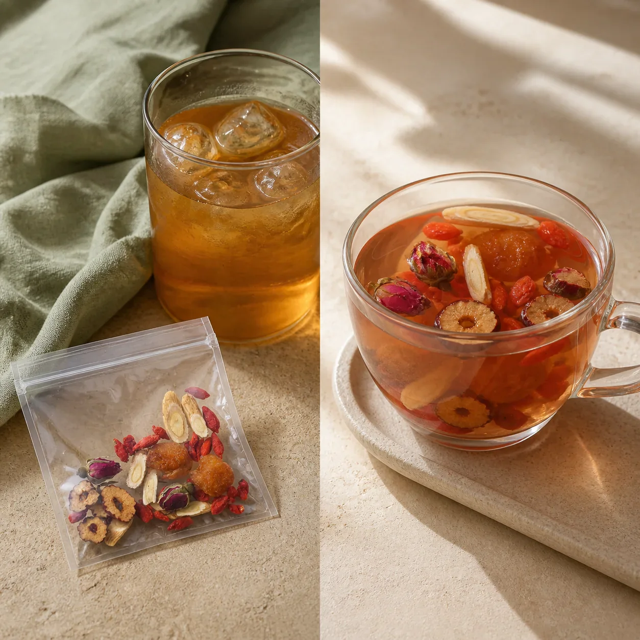 Rose goji herbal infusion served cold and gently warm in clear glassware