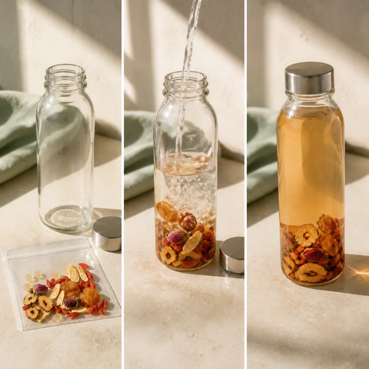 Step-by-step cold brew preparation for rose goji herbal infusion