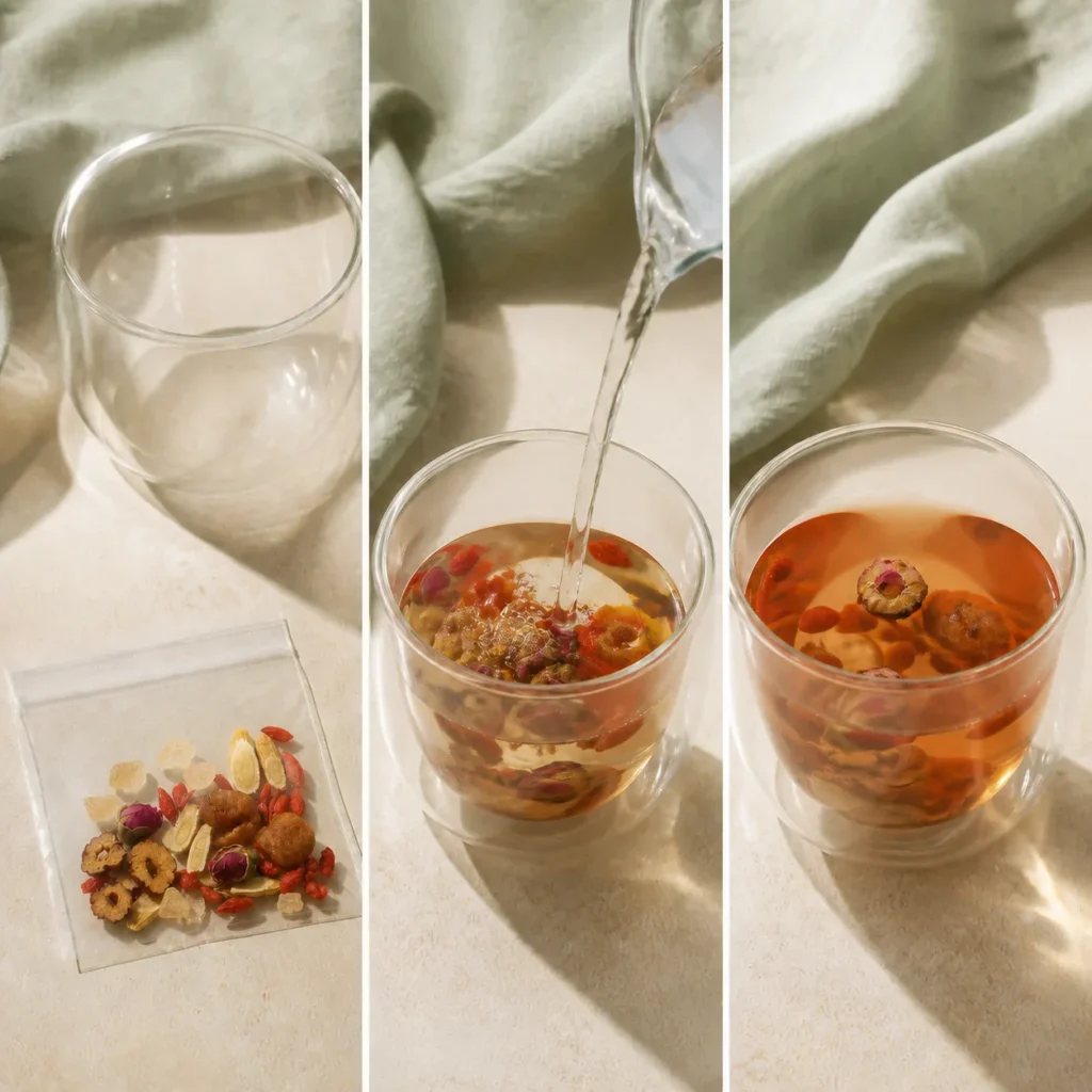 Step-by-step gentle warm preparation for rose goji herbal infusion