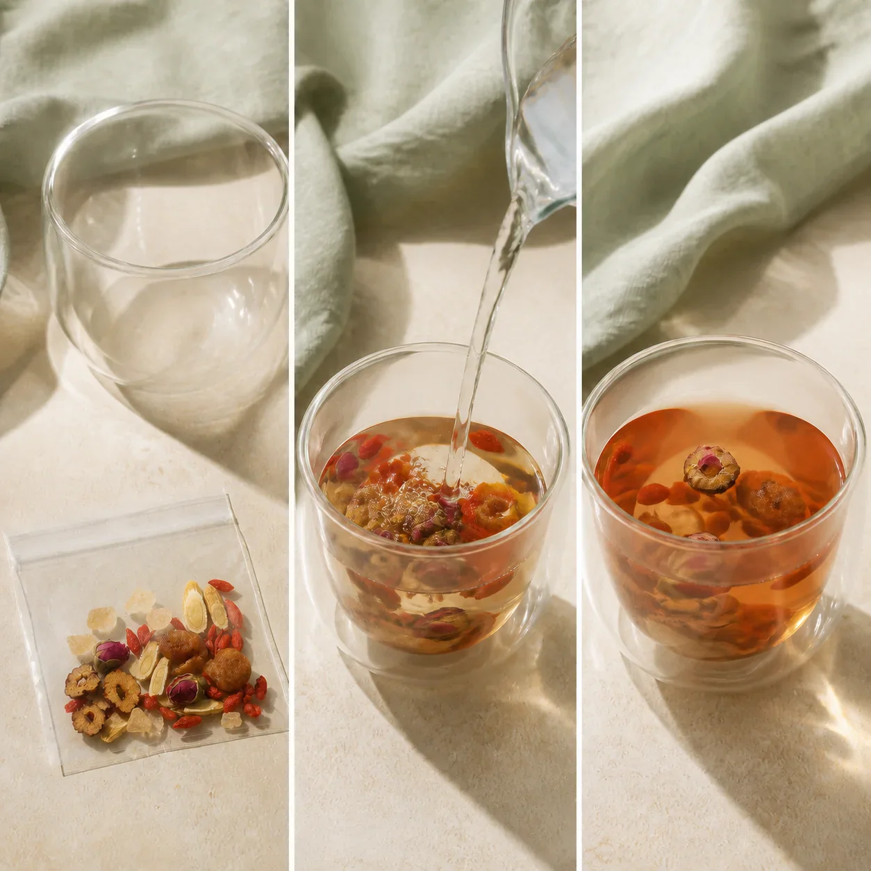 Step-by-step gentle warm preparation for rose goji herbal infusion