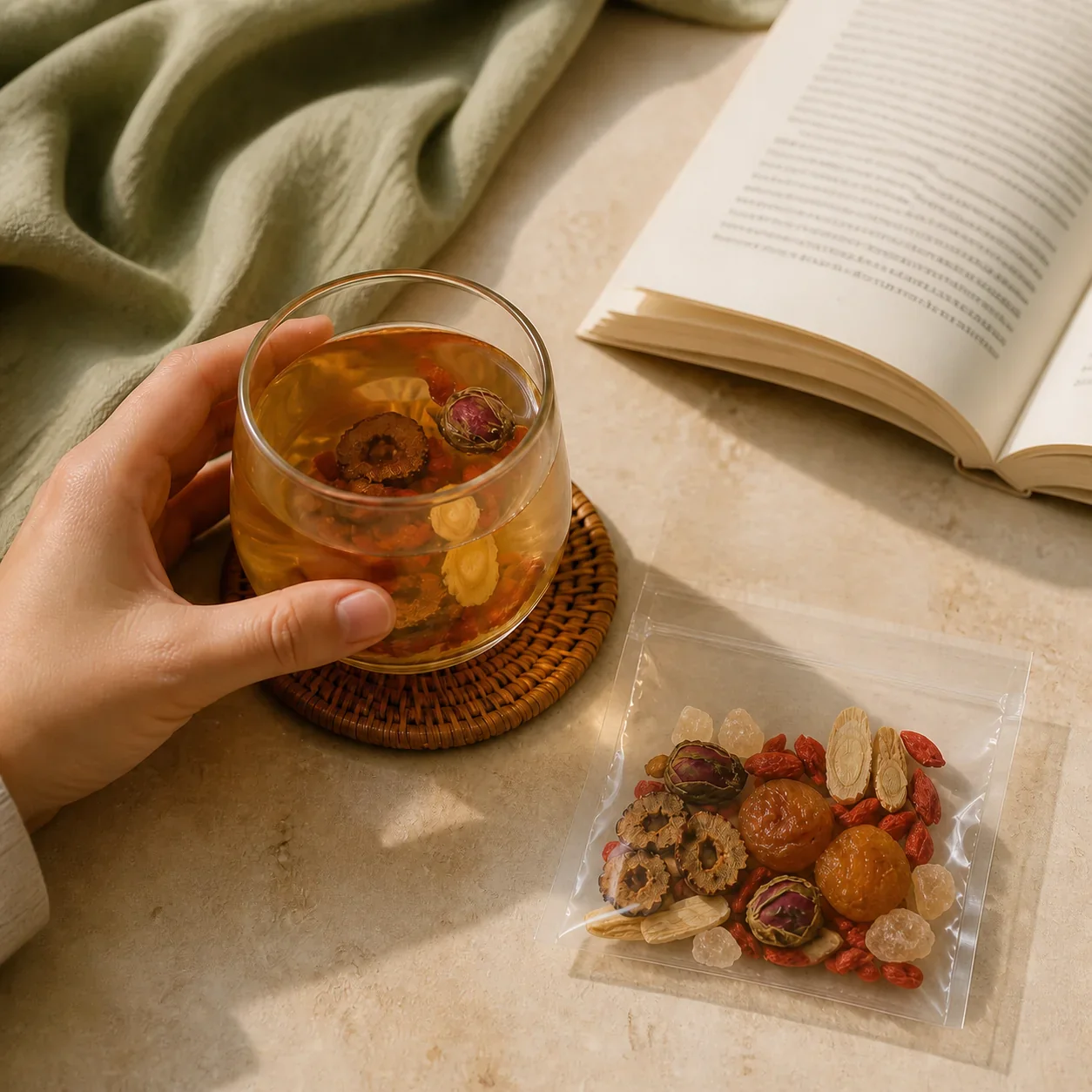 Rose goji herbal infusion beside an open book in warm natural light