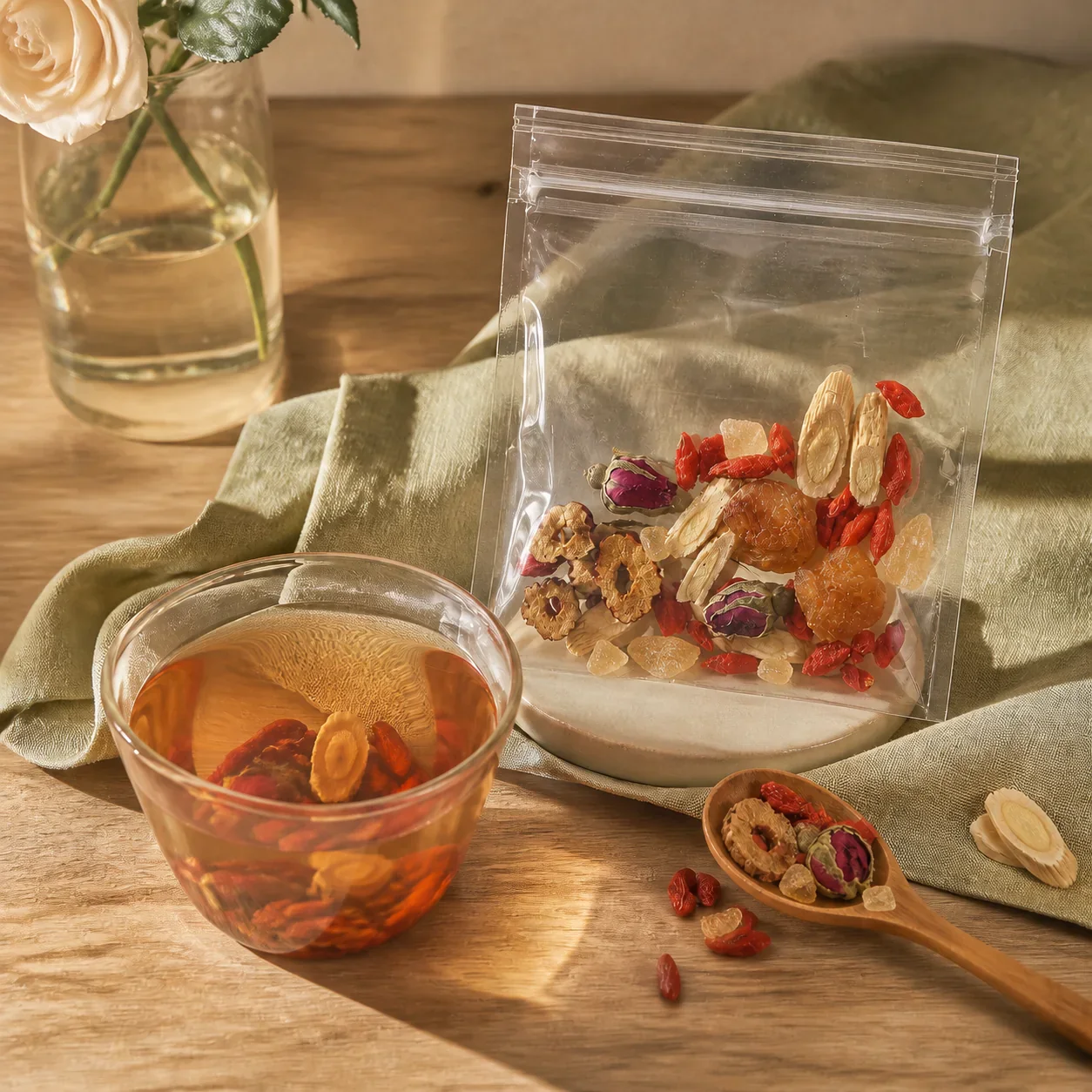 Rose goji herbal infusion with red date, goji, longan and rose details