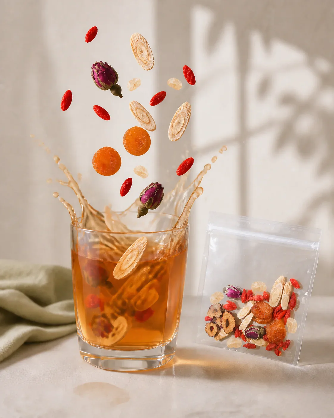Rose, goji and red date splashing above rose goji herbal infusion