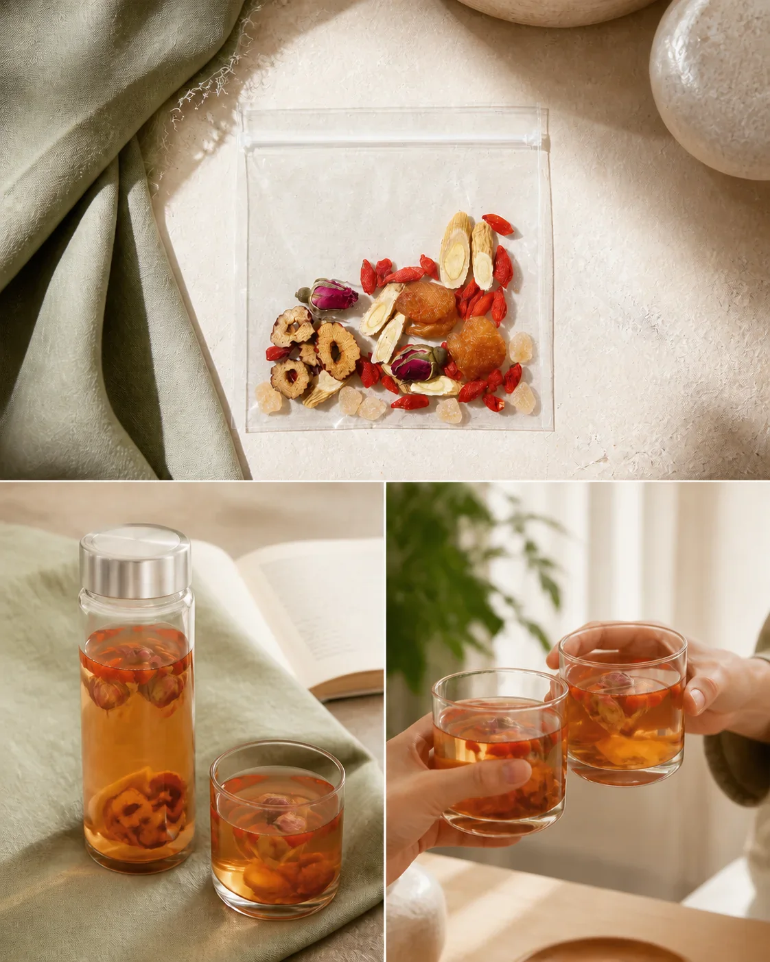 Collage showing rose goji herbal infusion across several daily serving moments