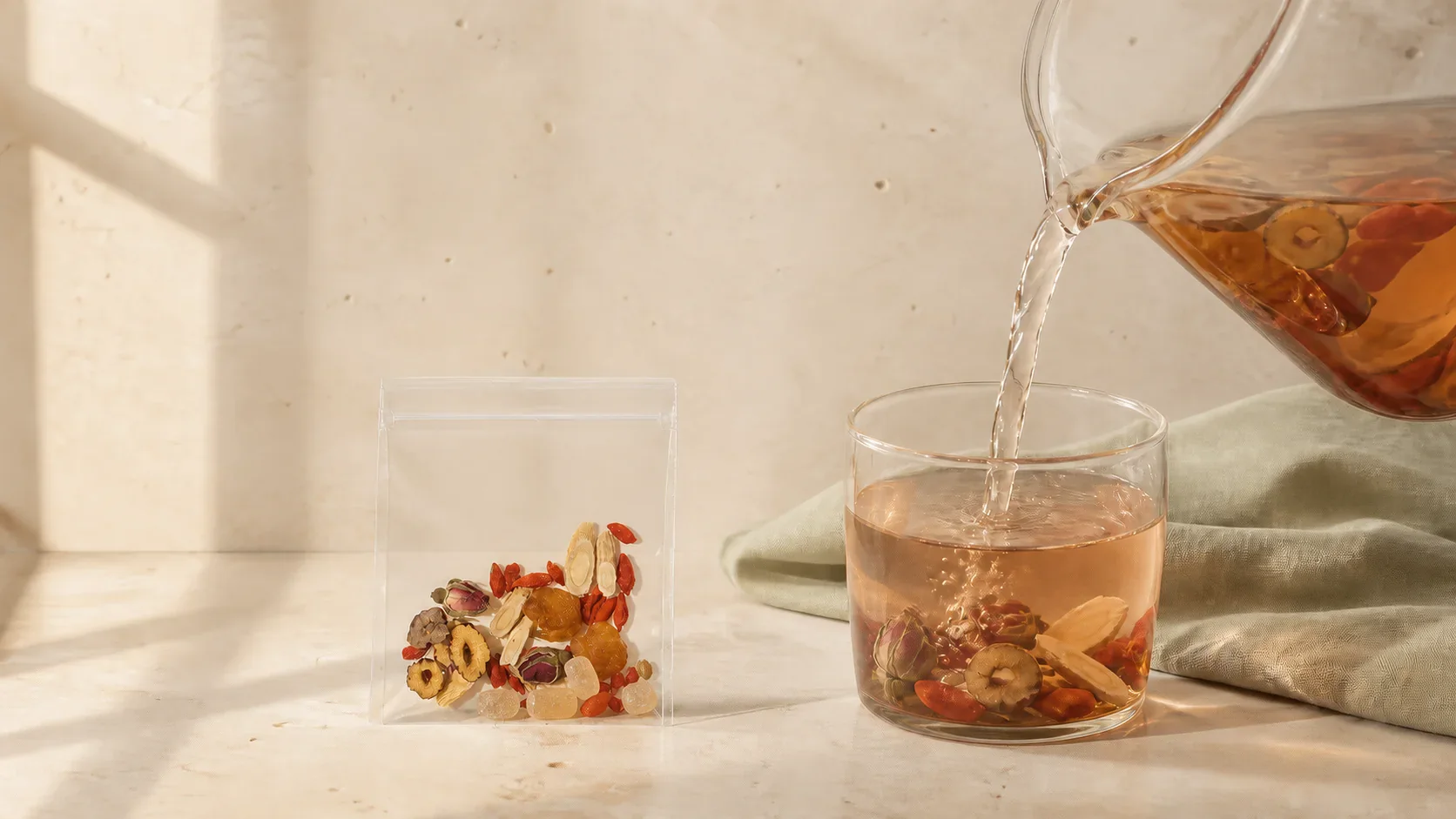 Wide banner of rose goji herbal infusion in a warm minimal setting