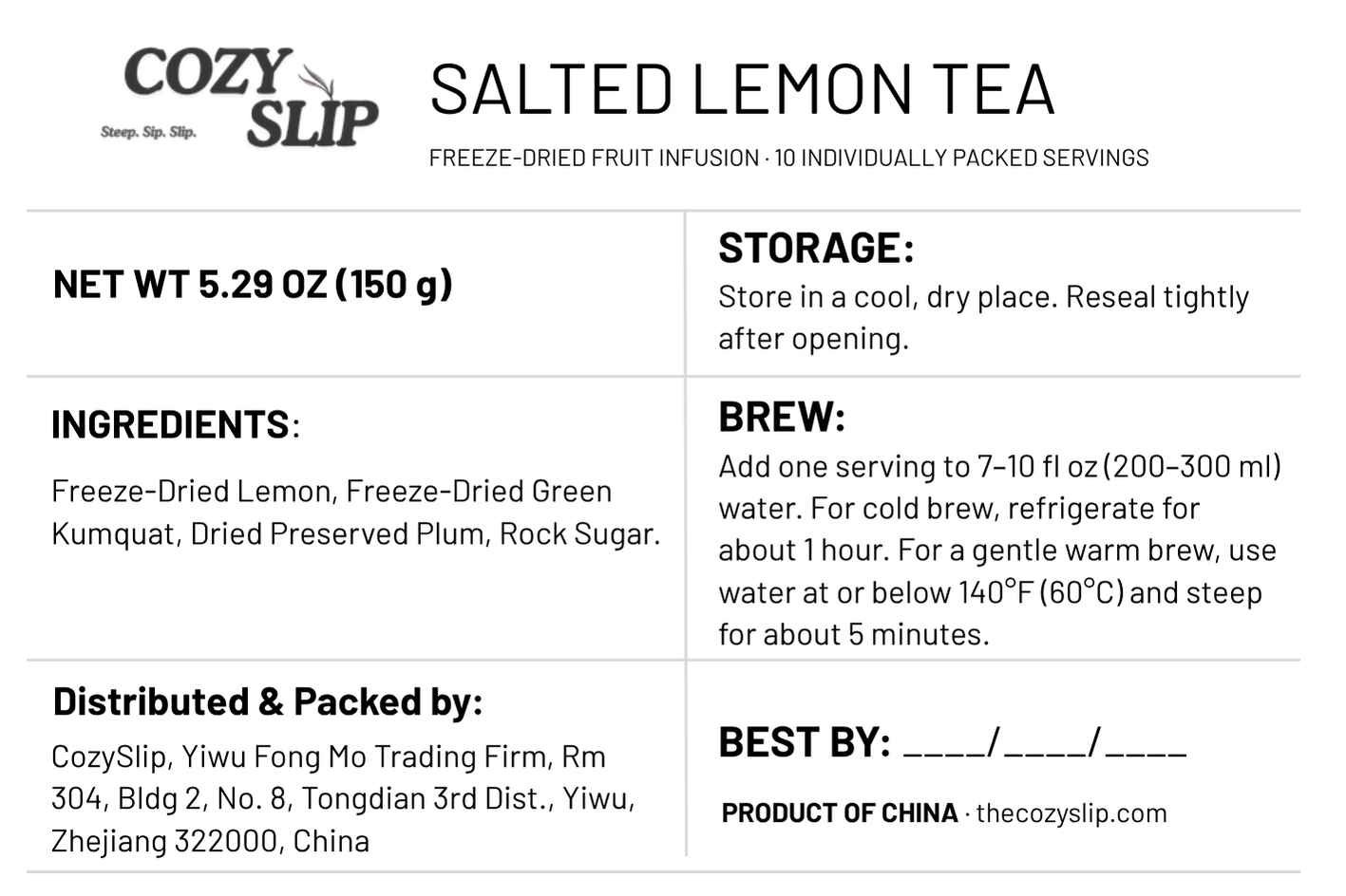 Cozyslip Salted Lemon Tea product label