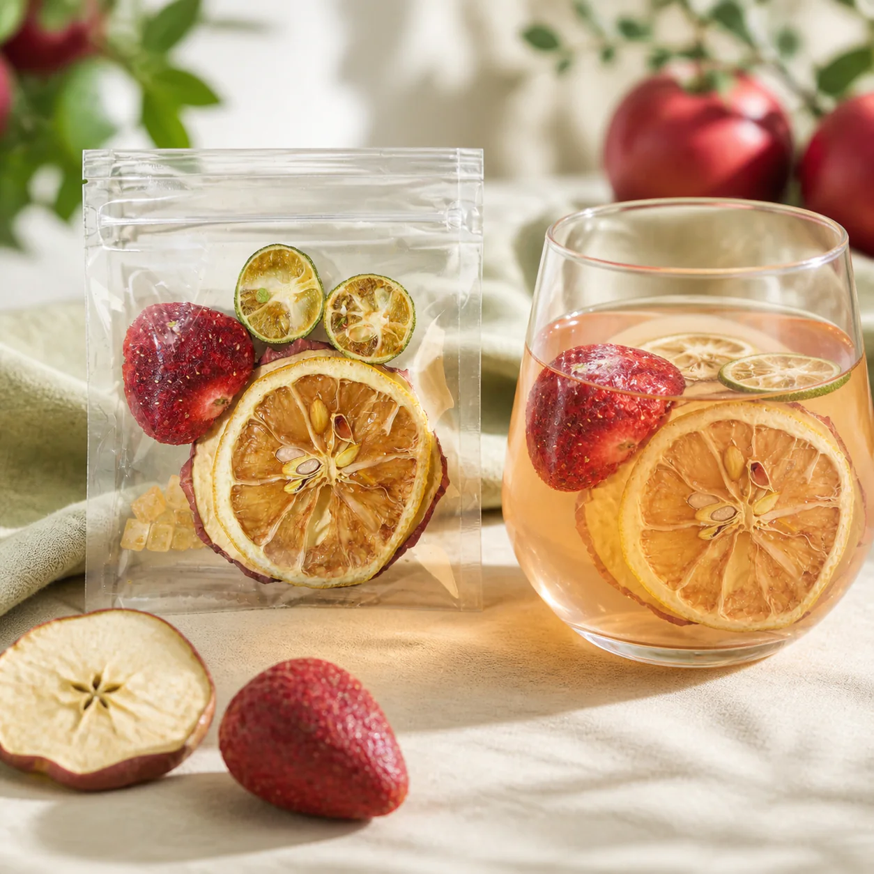 Cozyslip strawberry apple fruit tea with visible freeze-dried fruit in a clear glass and individual serving