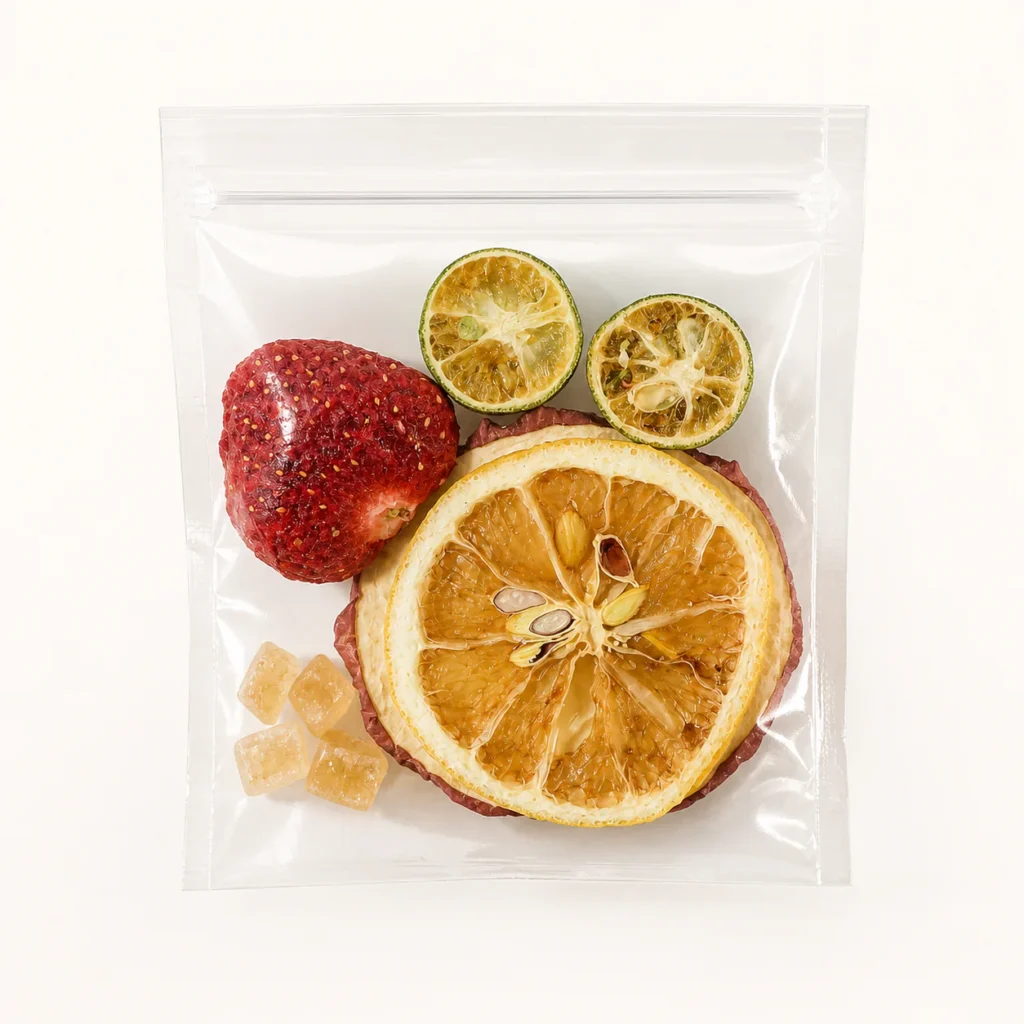 Transparent individual pouch of strawberry apple fruit tea with visible freeze-dried fruit and rock sugar