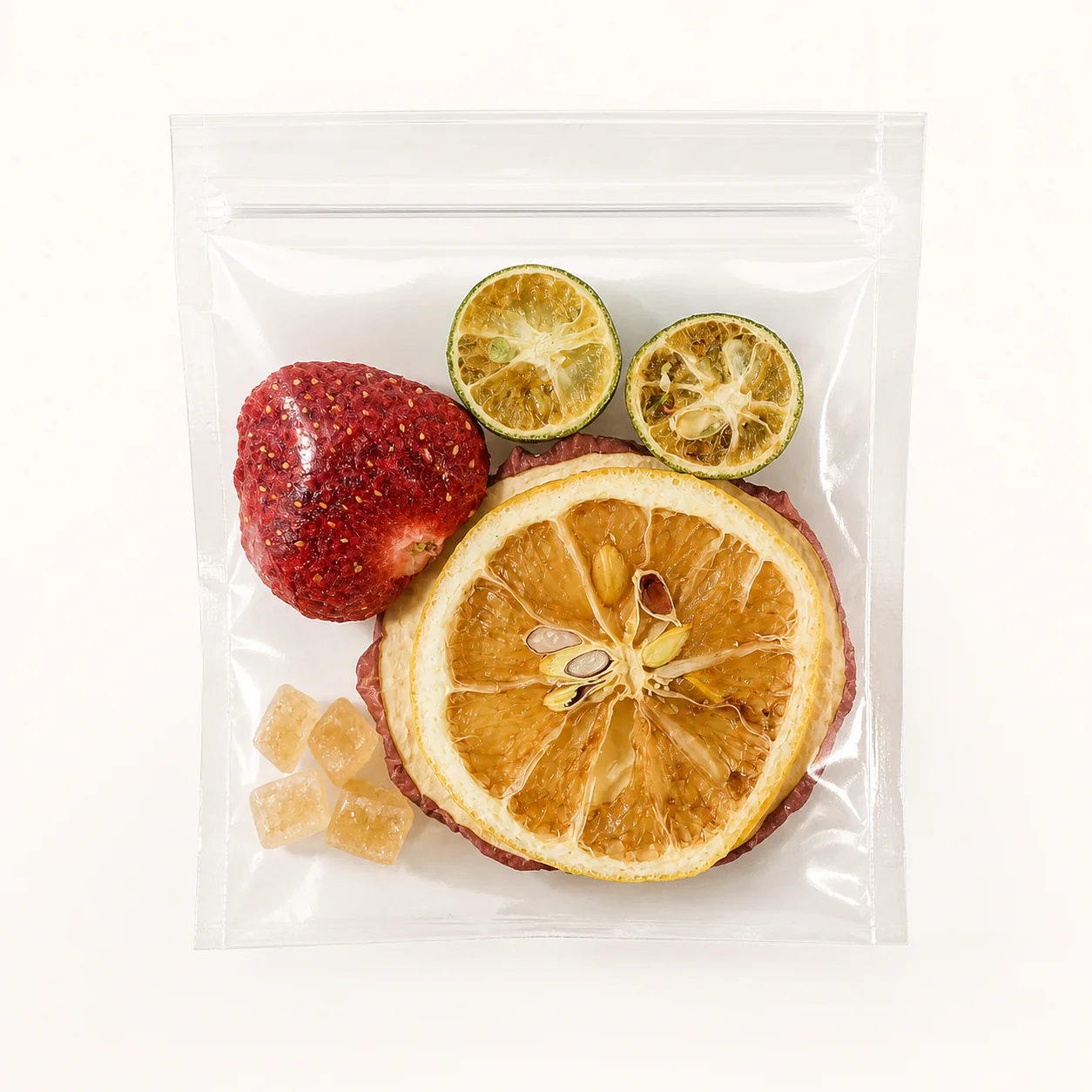 Transparent individual pouch of strawberry apple fruit tea with visible freeze-dried fruit and rock sugar