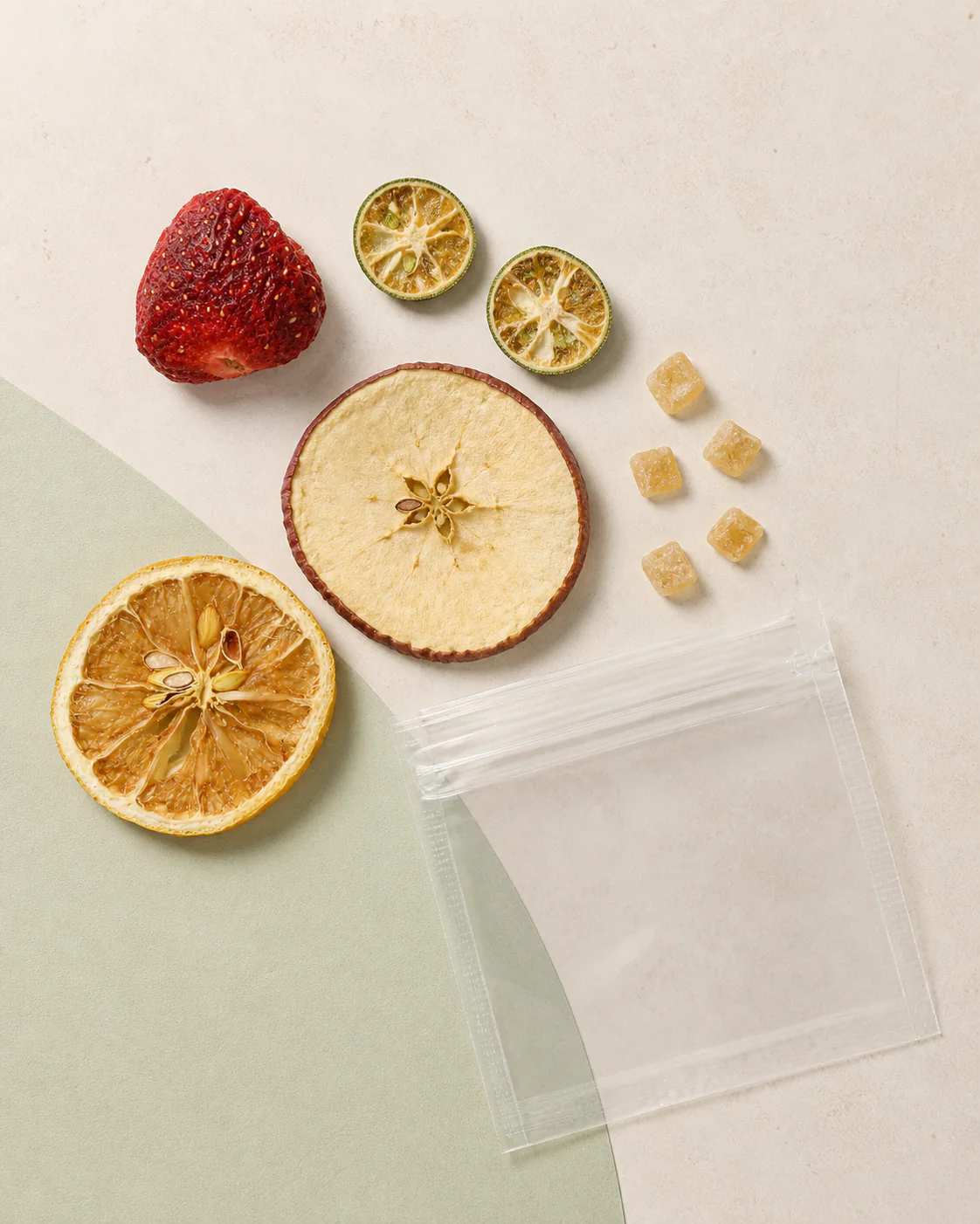 Freeze-dried strawberry, lemon, apple, calamansi and rock sugar for strawberry apple fruit tea
