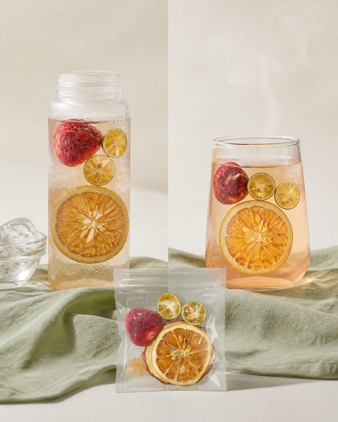 Strawberry apple fruit tea served cold and gently warm in clear glassware