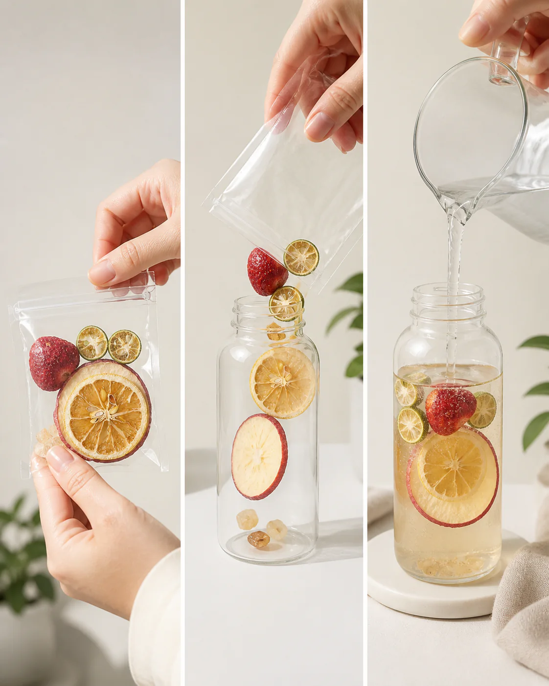 Three-step strawberry apple fruit tea cold brew preparation with one individual serving