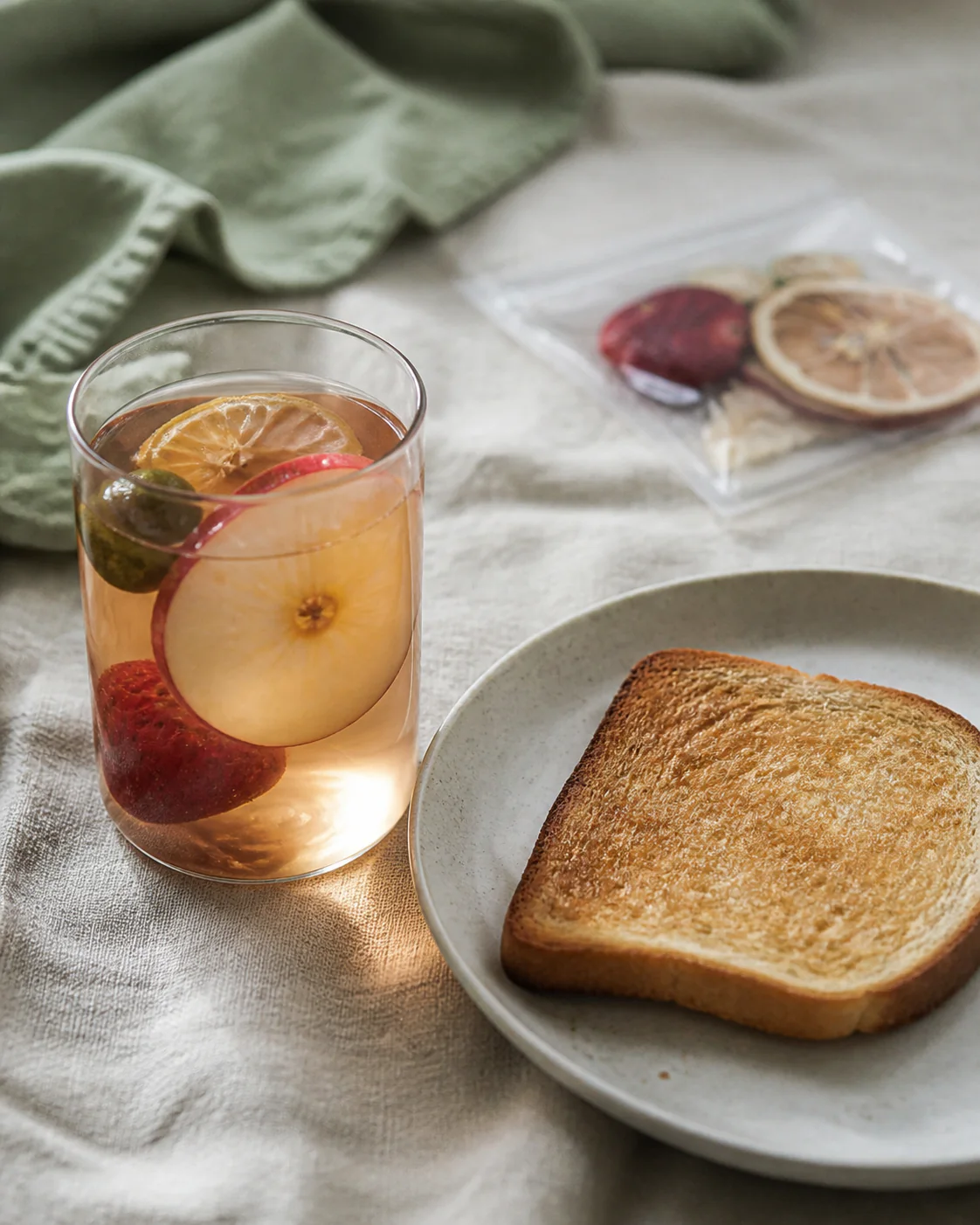 Strawberry apple fruit tea beside a light breakfast in warm morning light