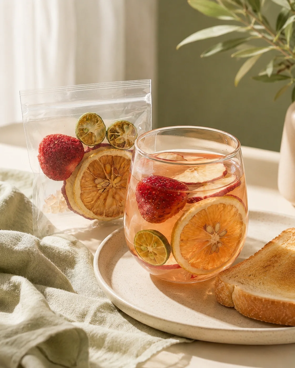 Strawberry apple fruit tea glass and transparent serving pouch beside toast