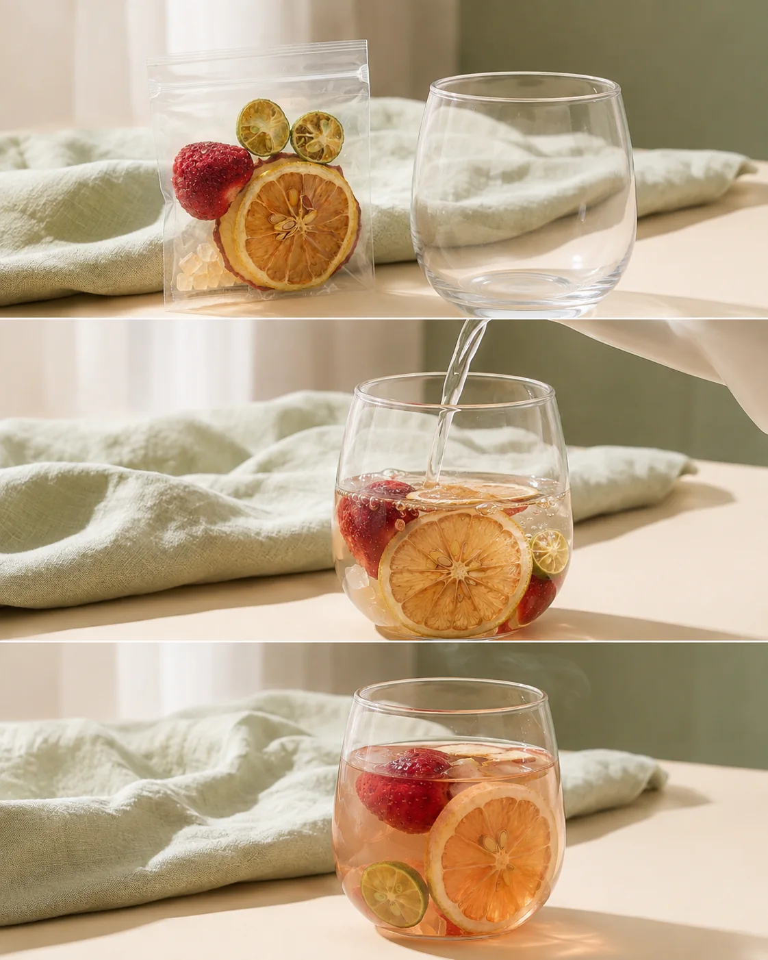 Three-panel guide showing a strawberry apple fruit tea pouch, water pour and finished cup