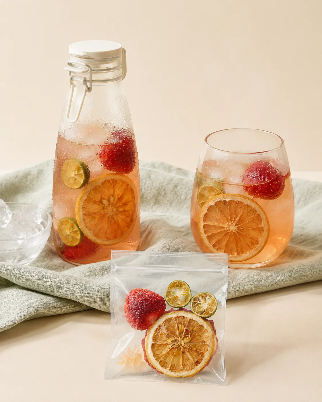 Portable strawberry apple fruit tea bottle, serving glass and individual pouch