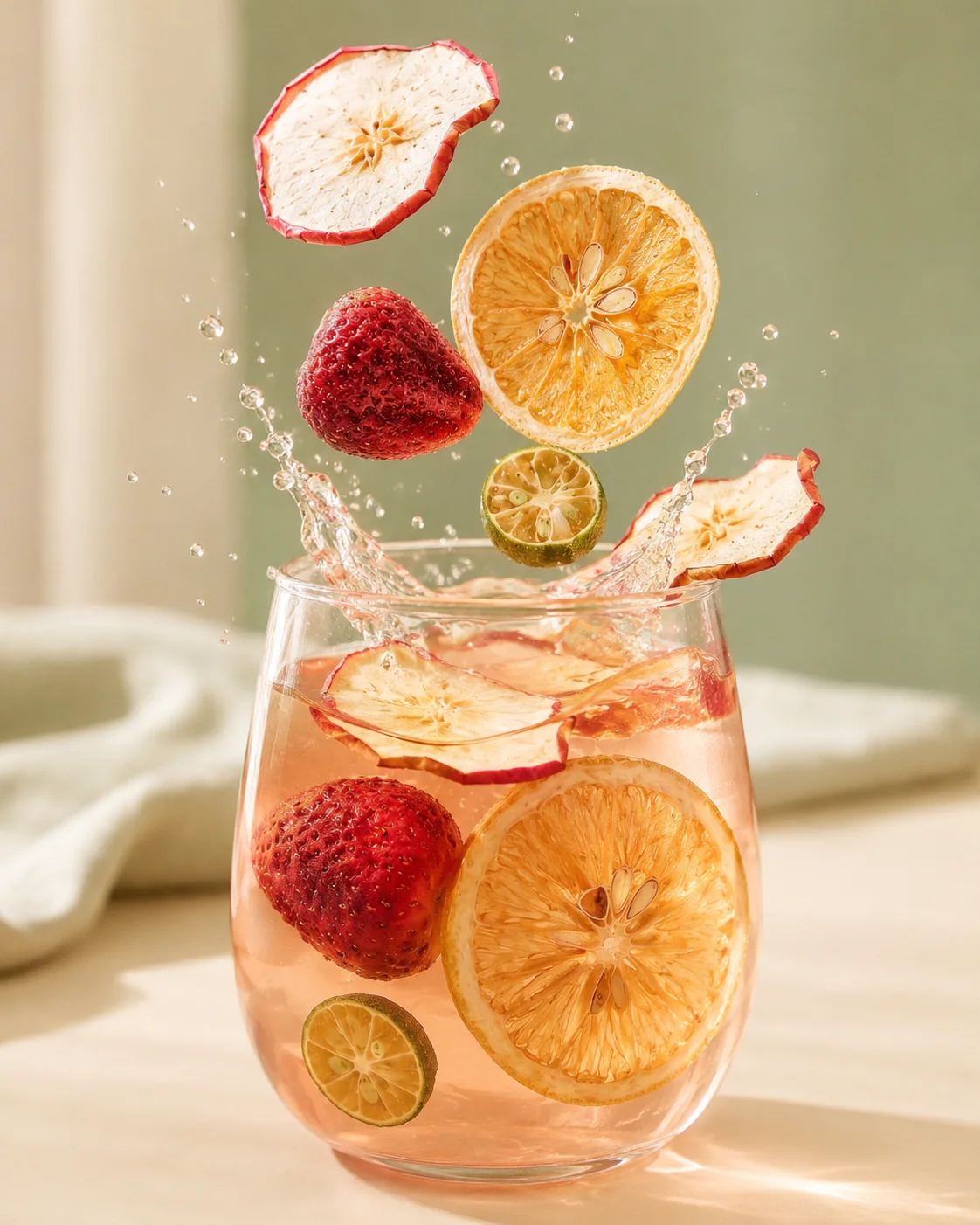 Freeze-dried strawberry, apple, lemon and calamansi splashing above strawberry apple fruit tea
