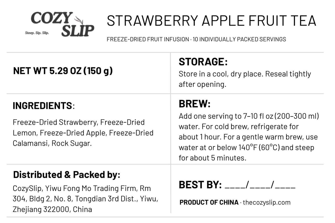 Cozyslip Strawberry Apple Fruit Tea product label