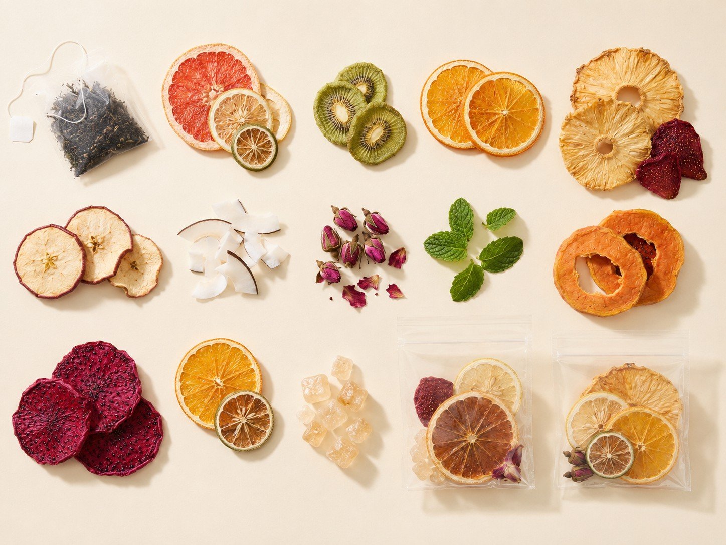 Visible fruit, citrus, flowers, herbs, rock sugar and tea components arranged in separate groups