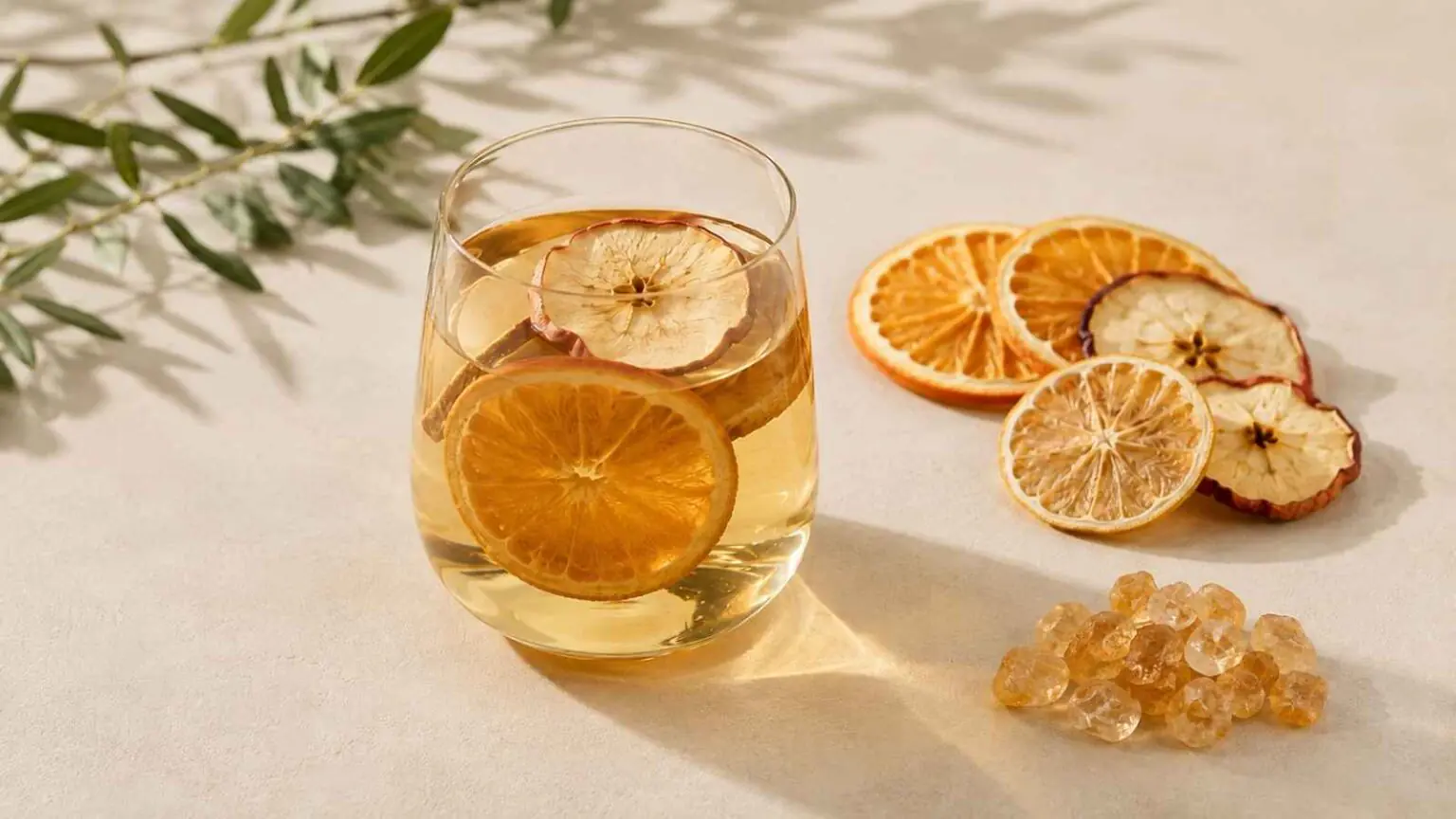 Glass fruit infusion beside dried fruit slices and separate rock sugar crystals