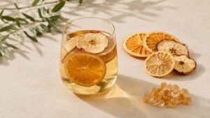 Glass fruit infusion beside dried fruit slices and separate rock sugar crystals