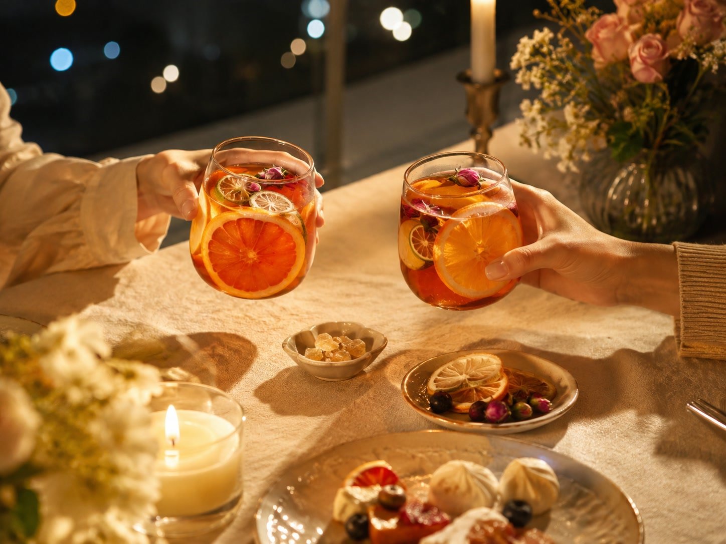 Two fruit tea glasses raised for an evening toast